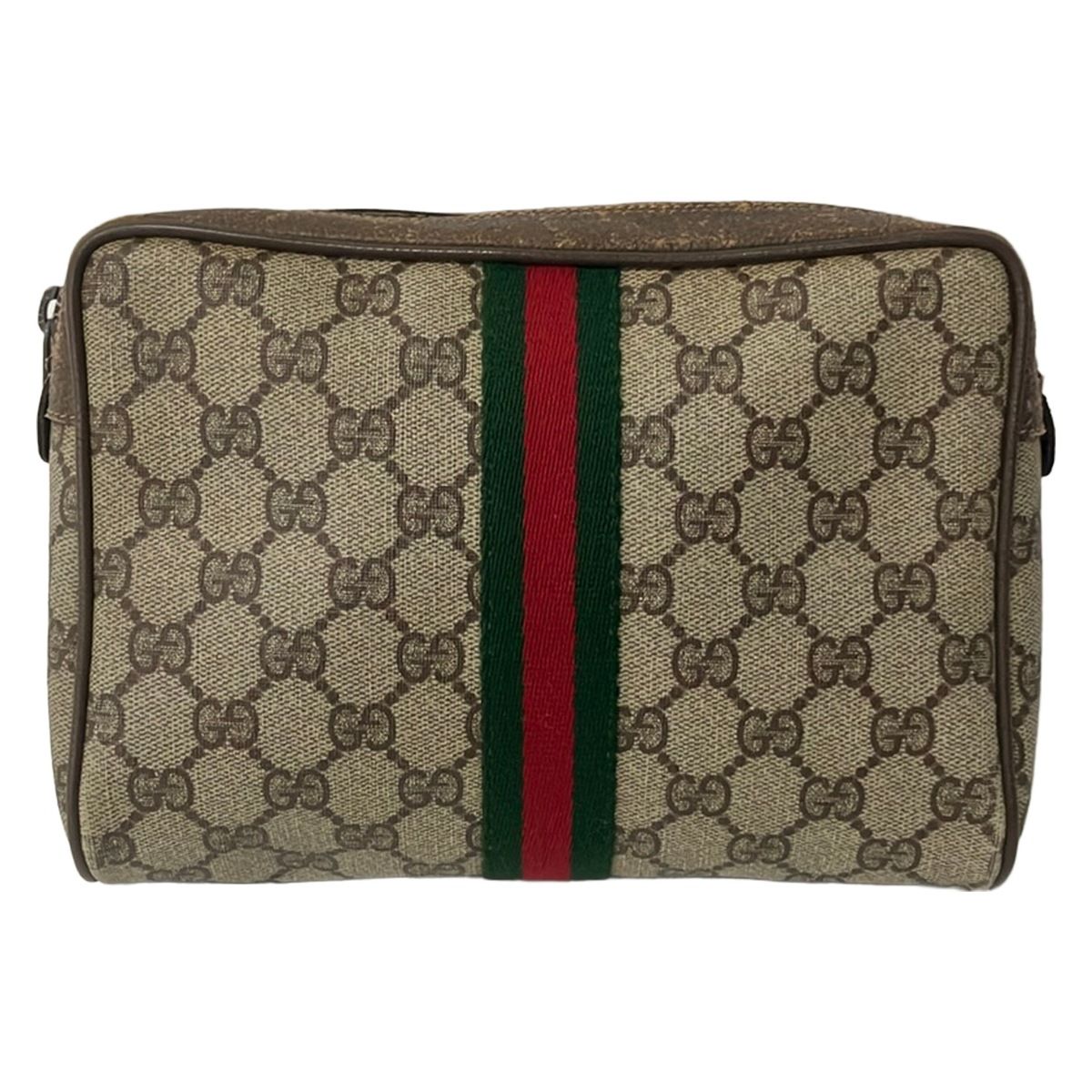 GUCCI(グッチ) ポーチ GGプラス・GGスプリーム,シェリー(ウェブ) ダークブラウン×ダークグリーン×レッド レザー