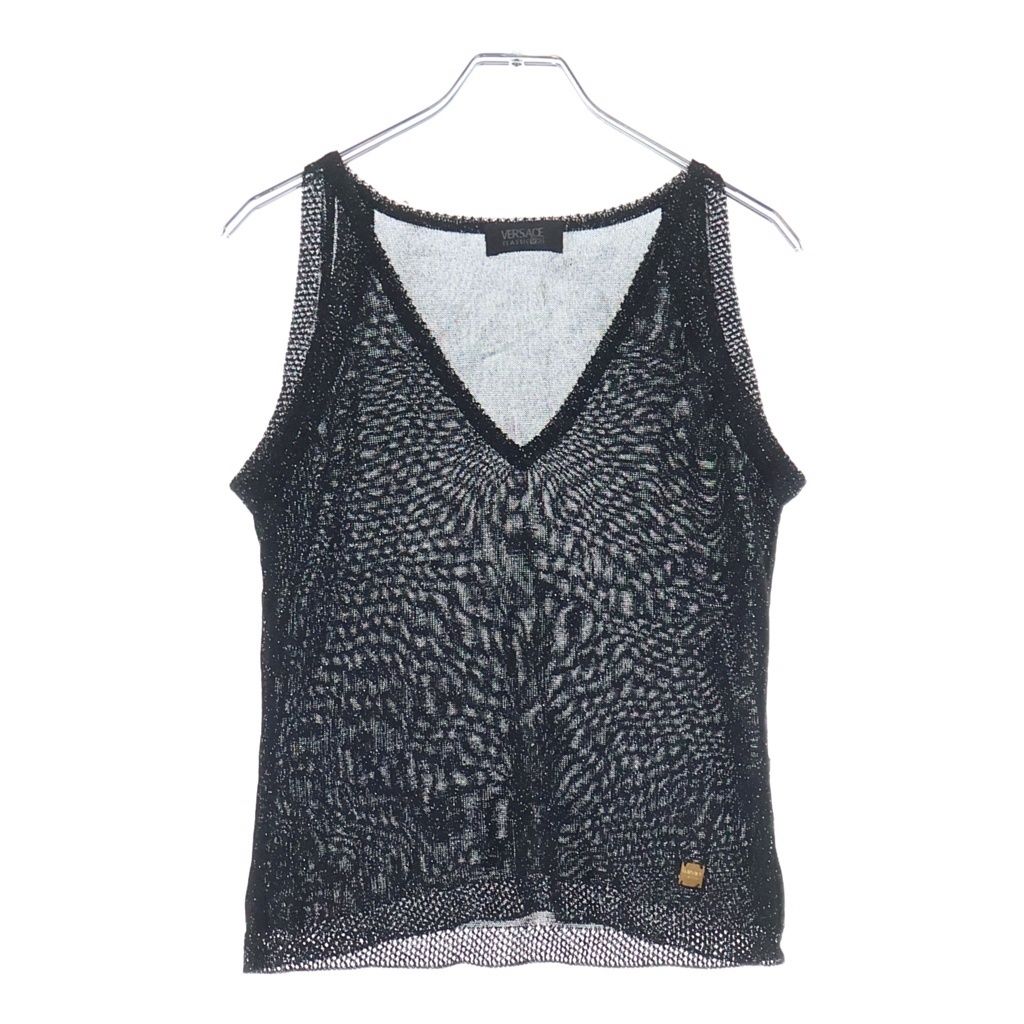 VERSACE (ヴェルサーチ) CLASSIC V2 ノースリーブトップス ベスト ラメ Vネック ブラック レディース