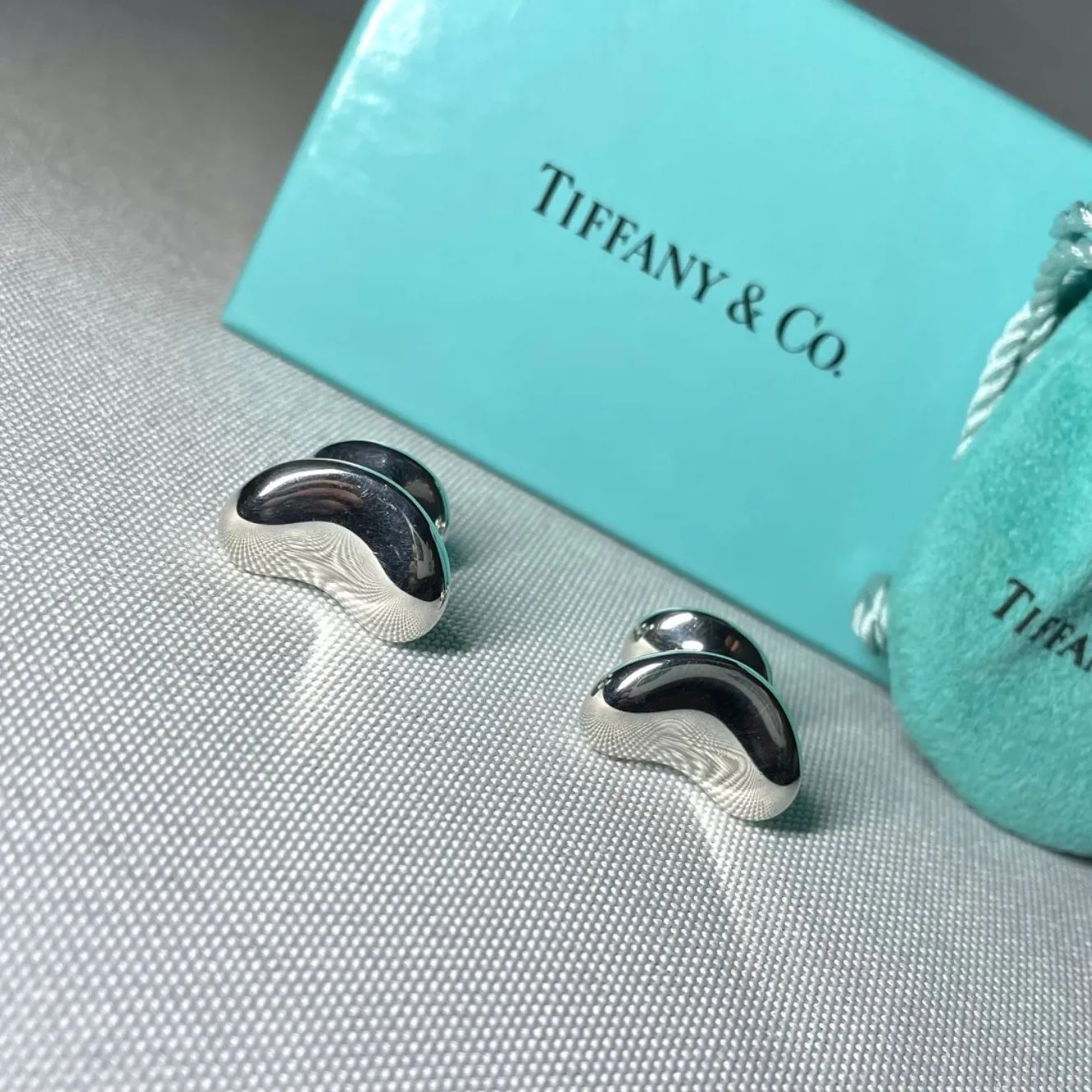 美品 TIFFANY ティファニー エルサペレッティ ビーン ビーンズ 鏡面スターリングシルバー カフス カフリンクス ボタン SV925 付属あり