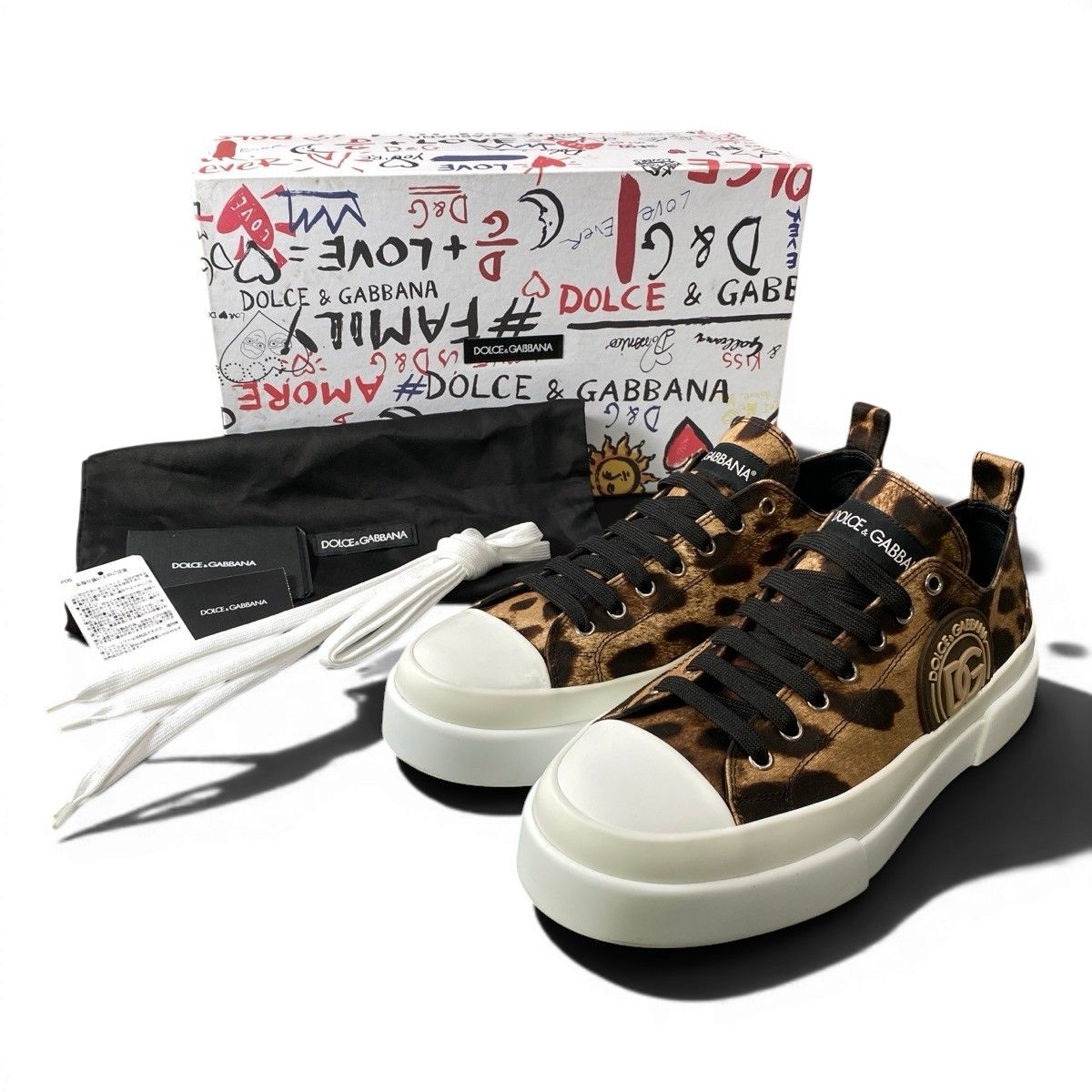 f24 DOLCE&GABBANA ポルトフィーノ ローカットスニーカー DGロゴ レオパード柄 AO743 8サイズ ブラウン系 キャンバス メンズ 男性用o07t