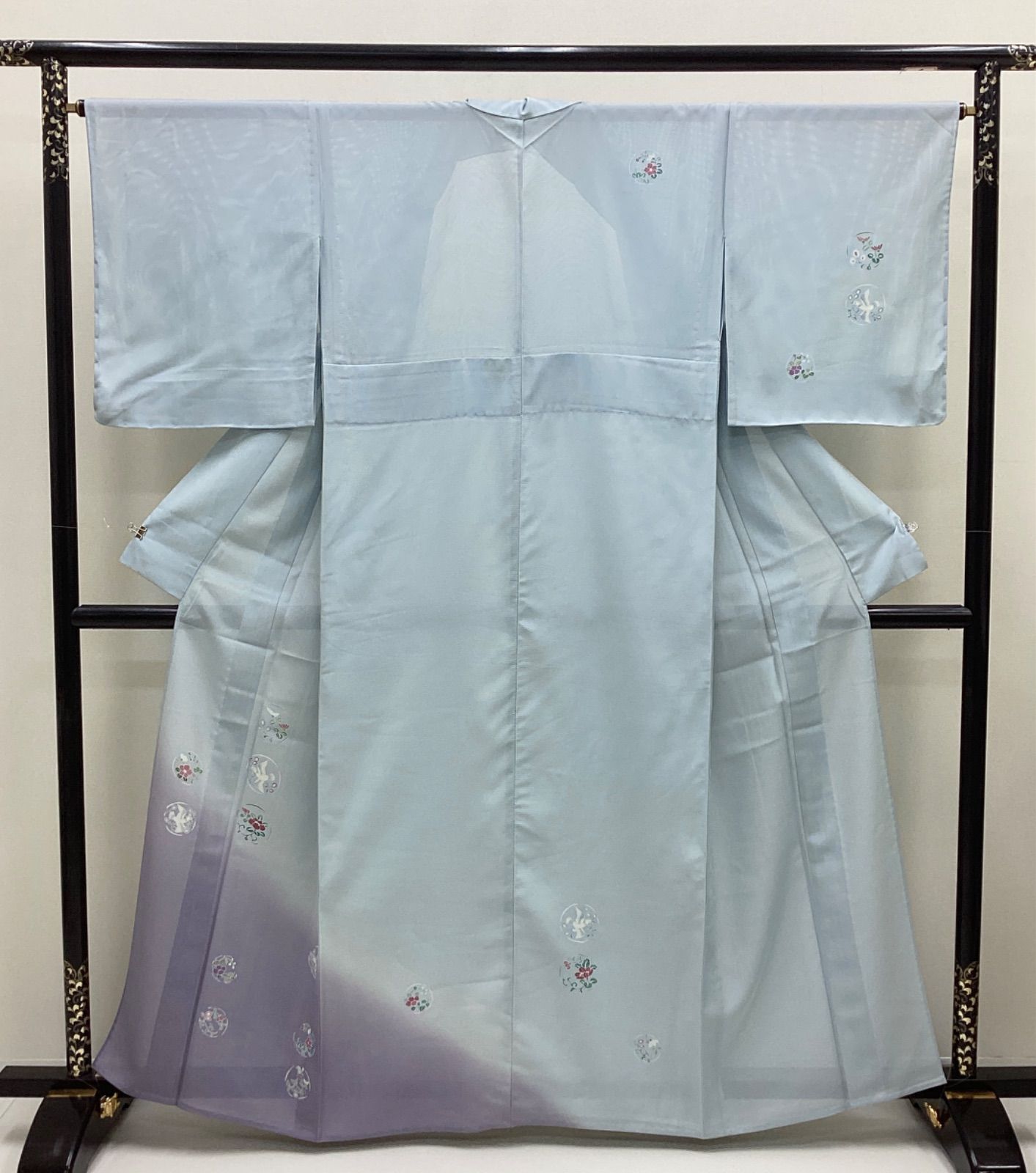中古品　未使用　夏着物　夏訪問着　絽　水色　花丸　正絹　裄65　R981