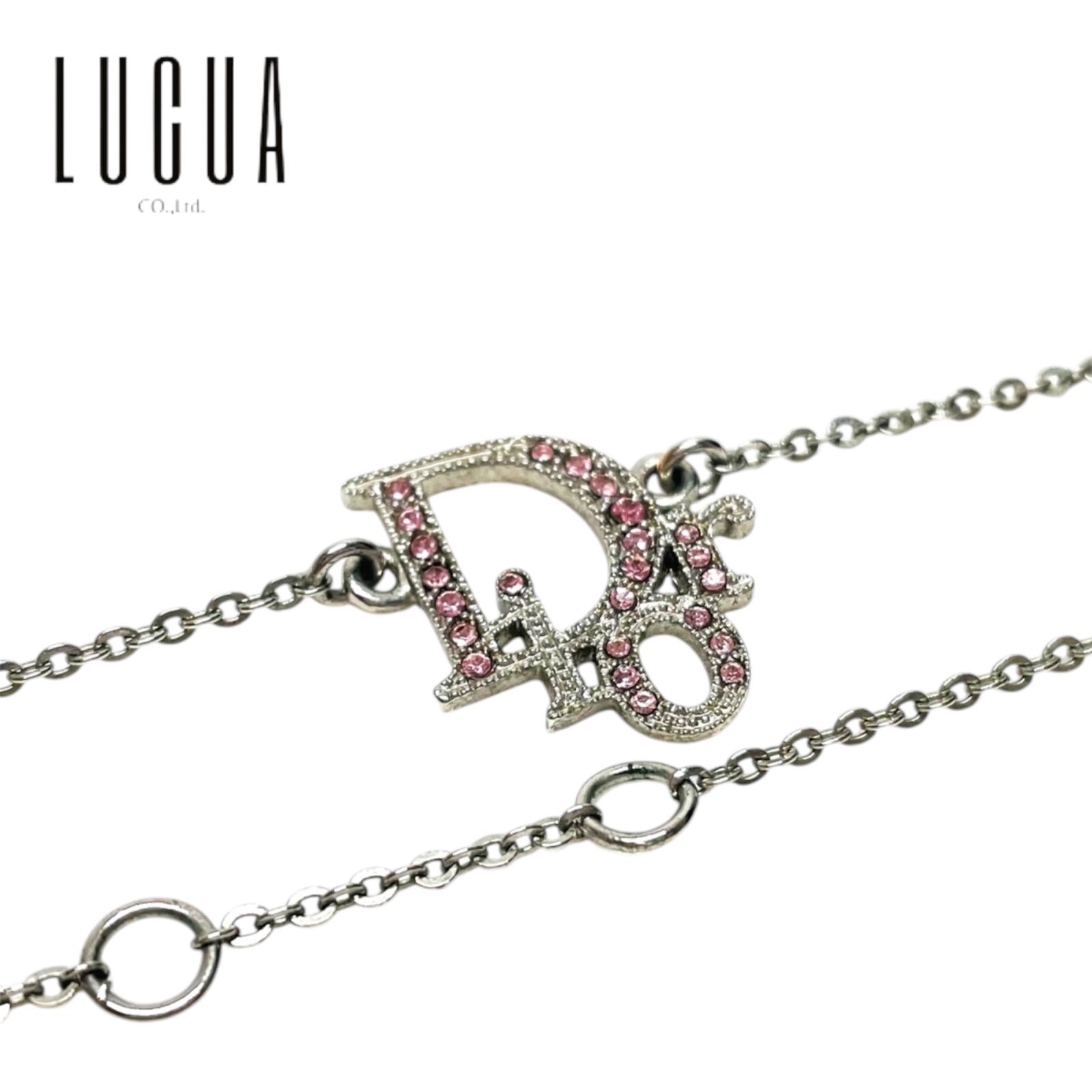 【Bランク】 Christian Dior　クリスチャンディオール　ロゴ　ネックレス　ラインストーン　ピンク　シルバーカラー　（57900）