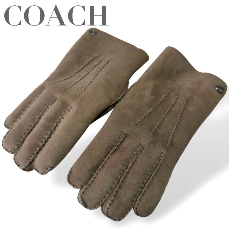 ☆★美品★COACH　コーチ★手袋　ムートングローブ　シープスキン　レザー　革　ボア　ブラウン　ロゴ　Mサイズ　メンズ　定価3.9万★♯2684