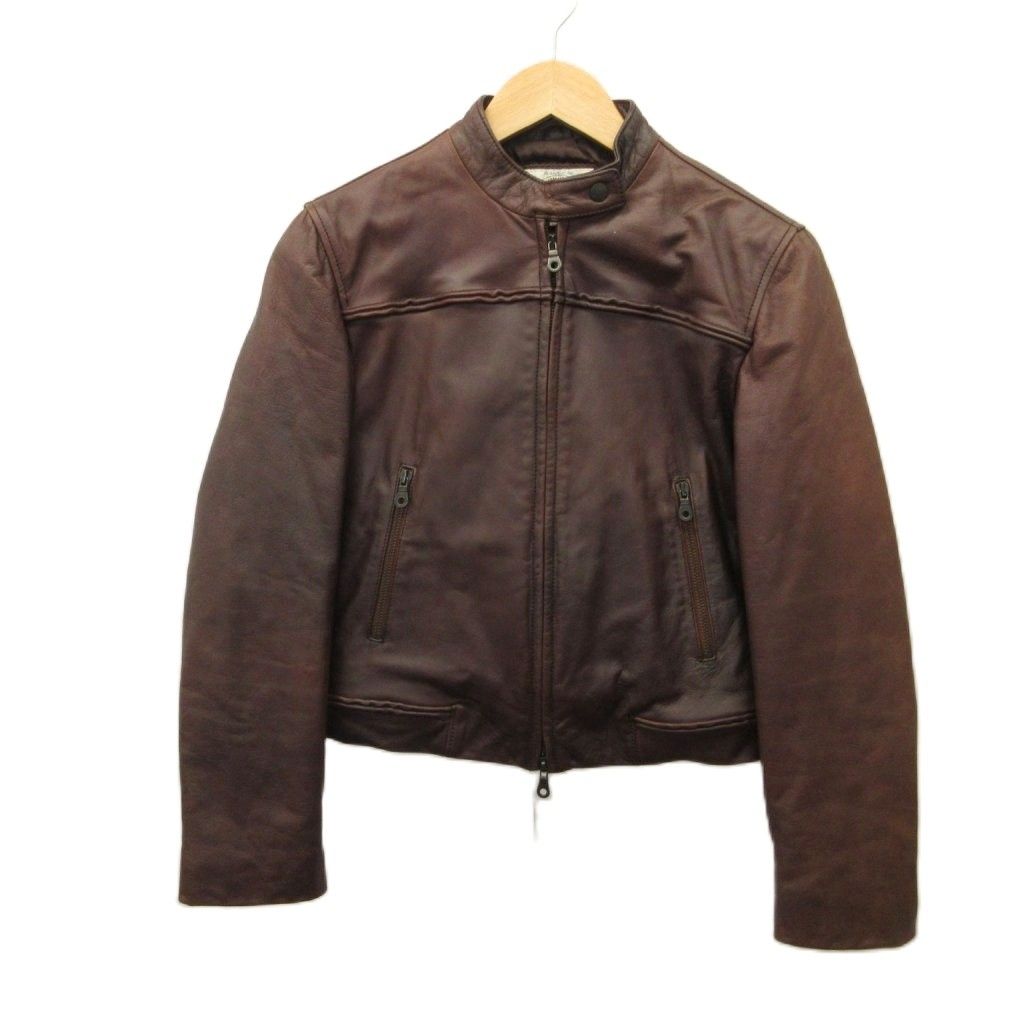 アルマーニ ジーンズ ARMANI JEANS ライダースジャケット レザー 本革 38 茶 ブラウン 無地 長袖 スタンドカラー /SH ■GY62