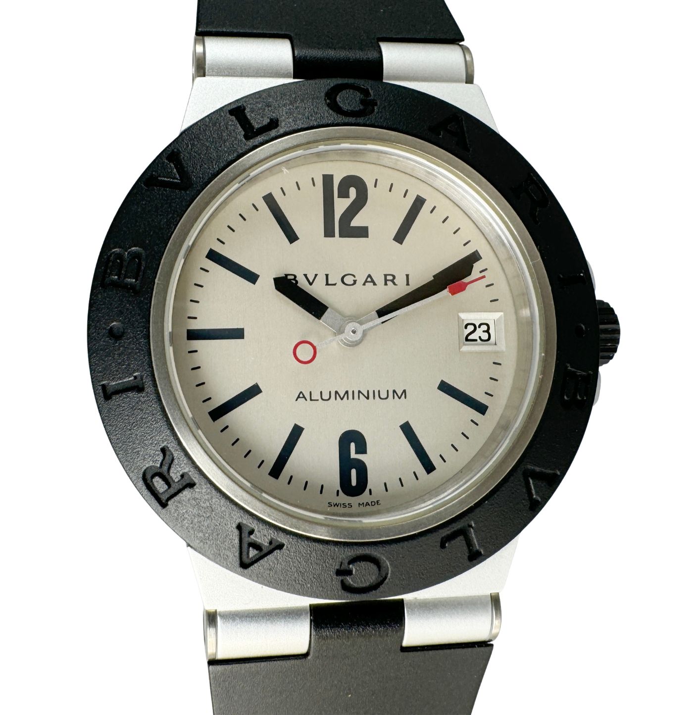 【BVLGARI ブルガリ☆アルミニウム AL38TA】中古 メンズ腕時計 自動巻き シルバー文字盤 AL × ラバー☆Aランク☆