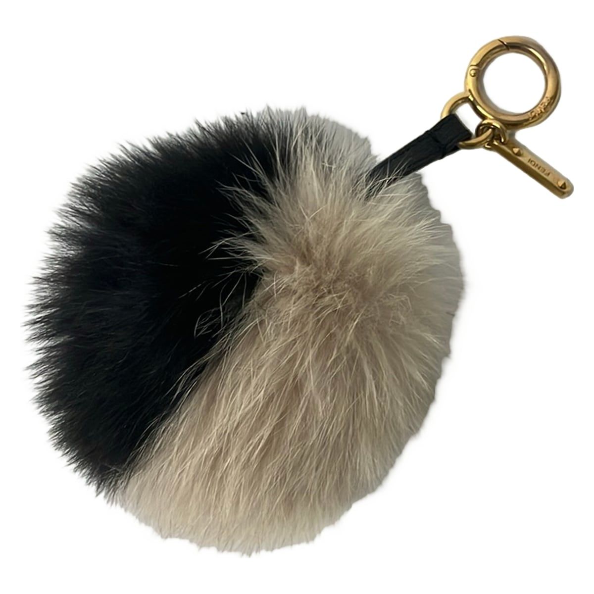 FENDI(フェンディ) キーホルダー(チャーム)美品 ポンポンチャーム 黒×ベージュ レザー、ファー