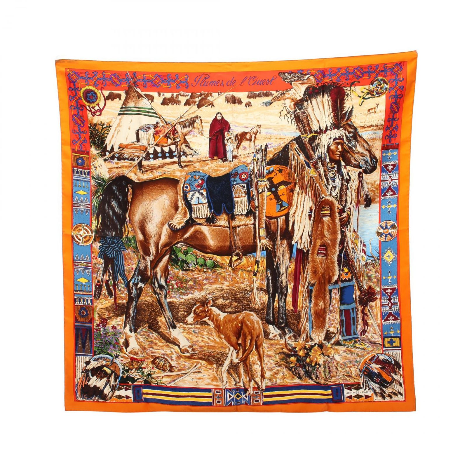 エルメス HERMES スカーフ カレ90 シャイアン族 オレンジ系 シルク カレ90 レディース Used A