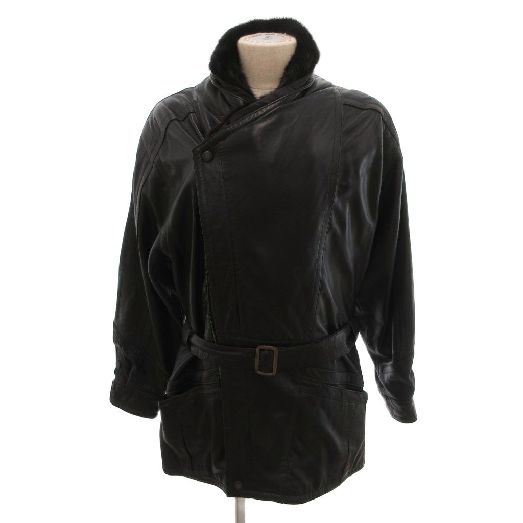 INTERNAZIONALE SPORTIVO UOMO ヴィンテージ ファーコート ミンク ショート丈 ラムレザー ベルト付き 黒 ブラック /YF ■GY11
