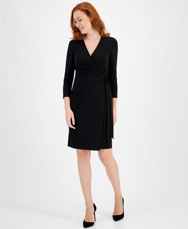 アンクライン レディース トップス ワンピース ラップワンピース プリント Anne Klein Womens Printed 34Sleeve Wrap Dress XXSPXXL Black ブラ