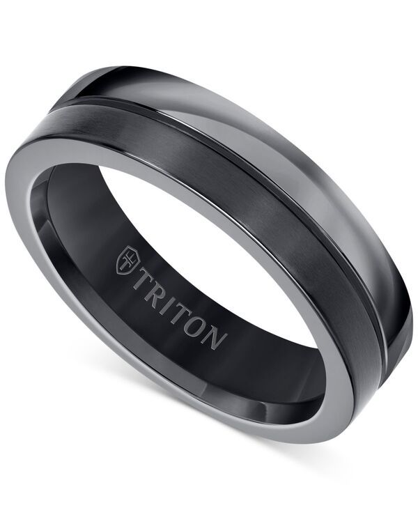 トリトン メンズ アクセサリー リング Triton Mens TwoTone Textured Insert Wedding Band in Titanium Black ブラック