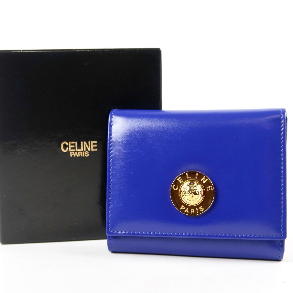 【新品同様・未使用】CELINE セリーヌ スター金具 折り財布 ブルー系 レザー ブランド小物【UU32】