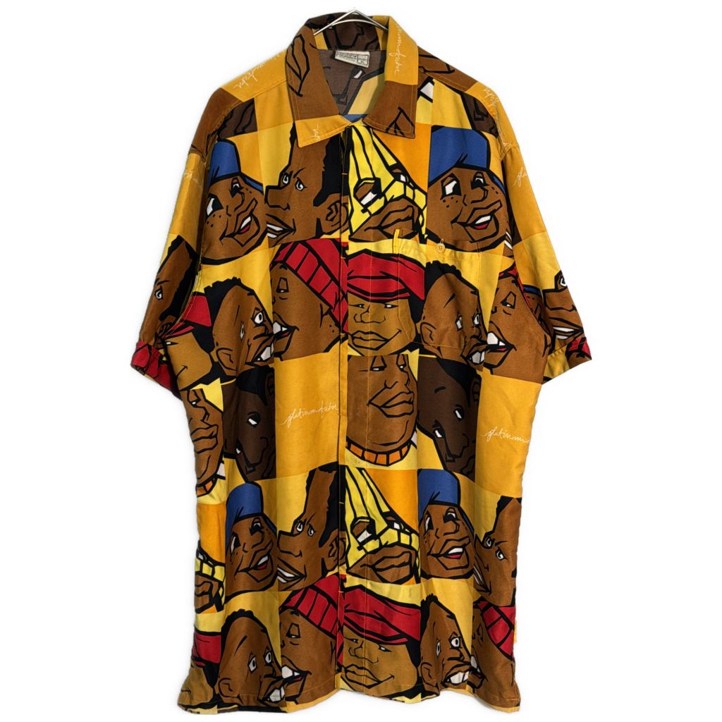 PLATINUM FUBU プラチナムフブ Fat Albert 総柄 半袖シャツ イエロー(メンズ XL)中古 古着 Y4123