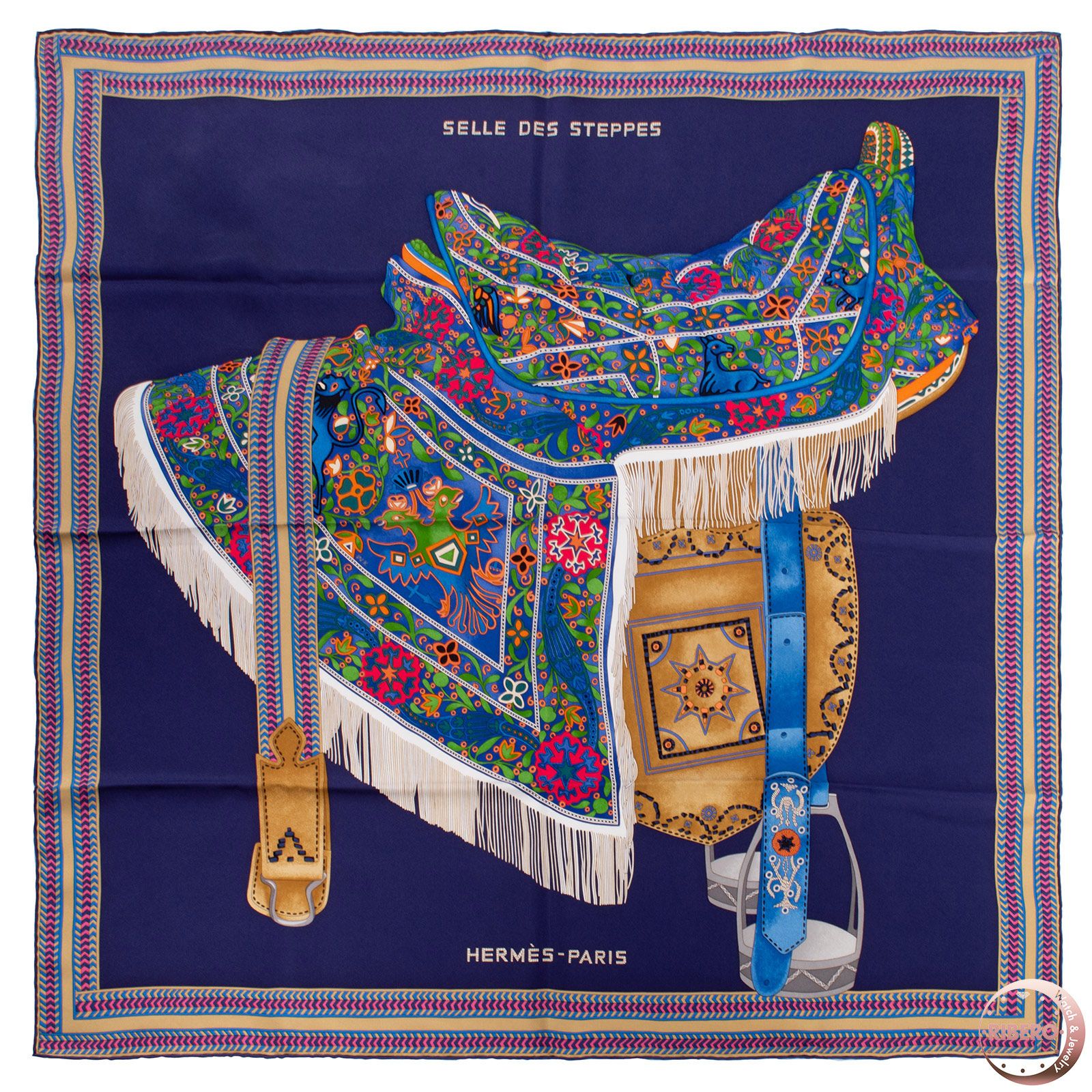 HERMES エルメス カレ90 Selle des Steppes セル・デ・ステップ 幻想の鞍 スカーフ 003682S シルク ネイビー マルチカラー【中古】