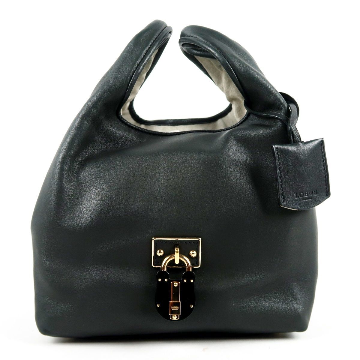 【美品】LOEWE ロエベ ハンドバッグ カリエPM ブラック系×ゴールド金具 レザー レディース ブランド鞄【UV32】