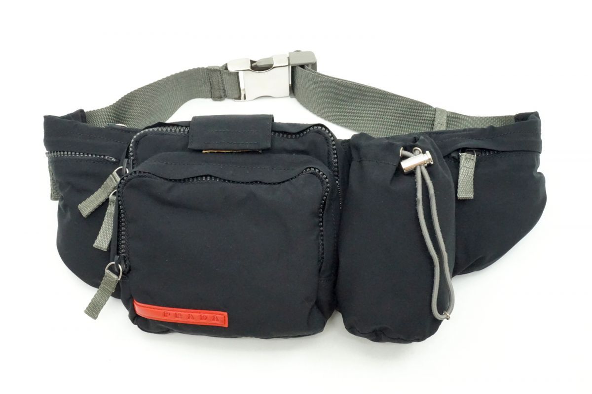 プラダ スポーツ ウエストポーチ ボディ ベルト バッグ 4VA056 レッドライン シルバー金具 Unisex ナイロン 黒 ブラック PRADA SPORT 6940h