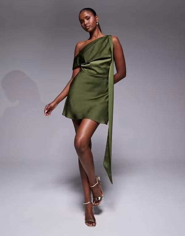 エイソス レディース トップス ワンピース ロンパース サテン ASOS DESIGN satin scarf detail fallen shoulder romper Khaki カーキ