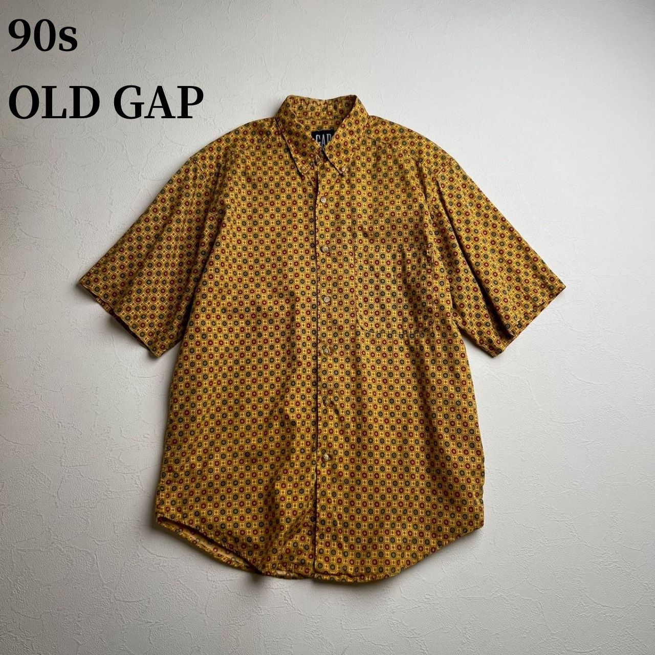 90s OLD GAP BD　総柄　半袖シャツ　ギャップ　マスタードイエロー　S 古着