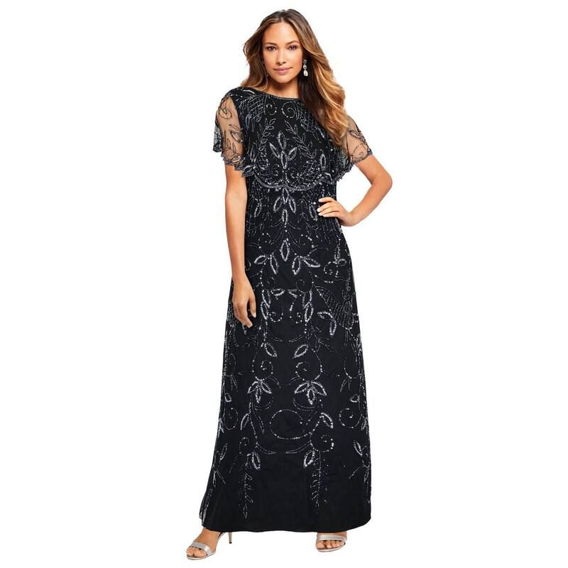 ロアマンズ レディース トップス ワンピース ケープデザイン プラスサイズ キャップ ケープ Roamans Womens Plusize Beaded Cape Gown Black ブラック 31,070円