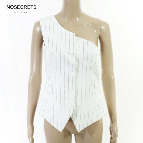 80%OFF 新品 ノーシークレッツ NO SECRETS トップス 42 ECS1397 S Mサイズ ホワイト レディース ワンショルダートップス ラインストーン ストライプ柄