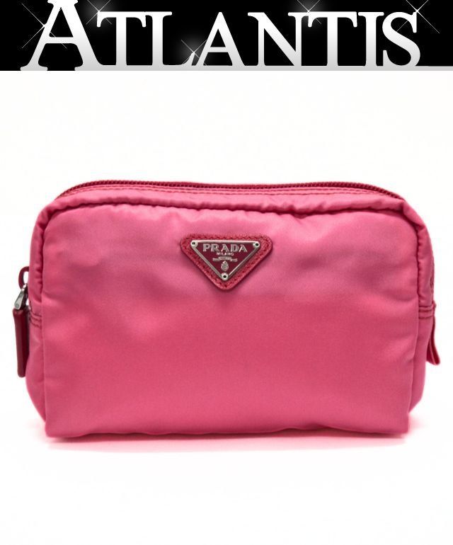 【美品】PRADA プラダ ポーチ ナイロン ピンク プラダ PRADA 三角ロゴ ポーチ 内ポケット ナイロン ピンク 1N0021