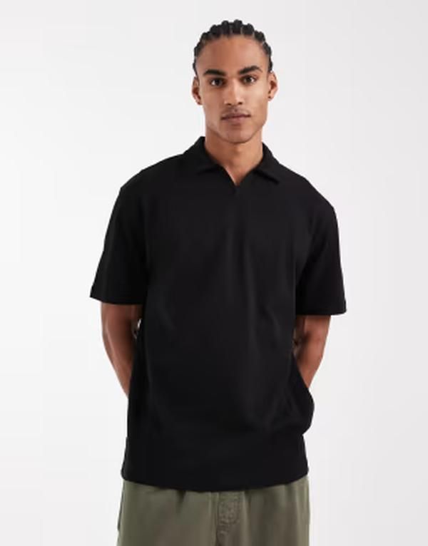 エイソス メンズ トップス ポロシャツ ASOS DESIGN heavyweight relaxed revere polo Black ブラック