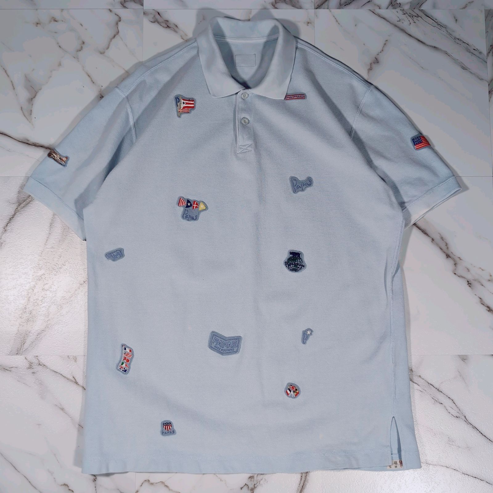 PAPAS 近年モデル S/S ポロシャツ 50(L) ライトブルー ロゴ刺繍ワッペン 星条旗 国旗 飛行機