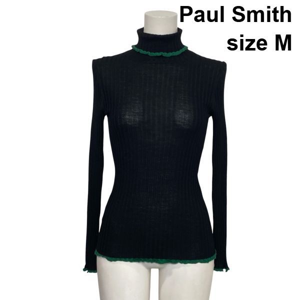 ◆ ポールスミス Paul Smith リブニット 長袖 タートルネック フリル スリムフィット トップス 黒 ウール 毛100% M 9号 レディース S6H065