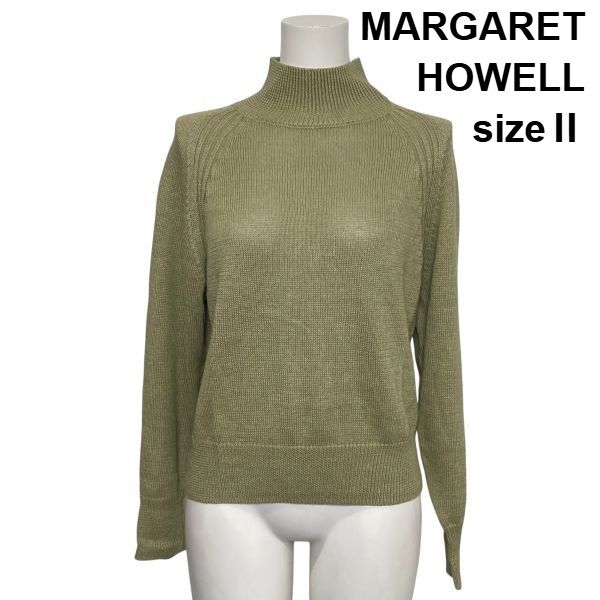 ◆ マーガレットハウエル MARGARET HOWELL ニットセーター 長袖 ハイネック リブ カーキ 麻 コットン シルク 2 M 9号 レディース S6H055