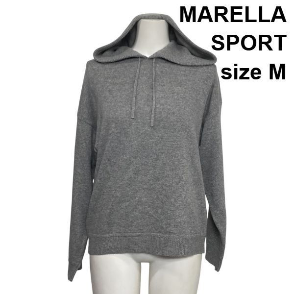 ◆ マレーラスポーツ MARELLA ニットパーカー 長袖 フーディー プルオーバー フード グレー ウール カシミア M 9号 レディース S6H056