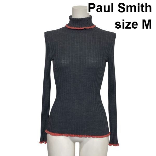 ◆ ポールスミス Paul Smith リブニット 長袖 タートルネック フリル スリムフィット トップス グレー 毛100％ M 9号 レディース S6H064
