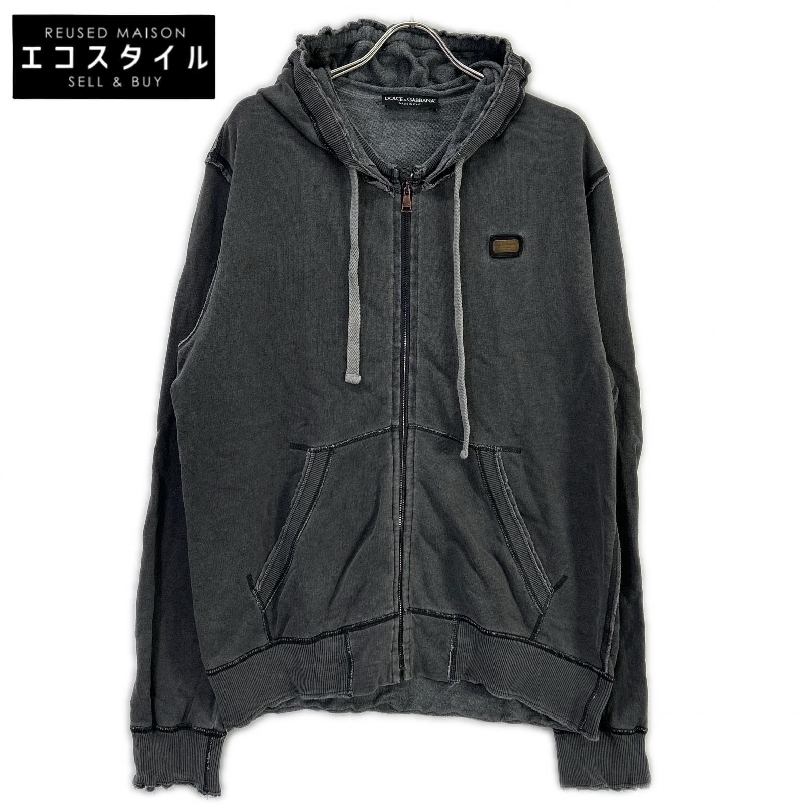 DOLCE&GABBANA　ドルチェアンドガッバーナ　グレー コットン ロゴプレート付き ジップアップパーカー　54