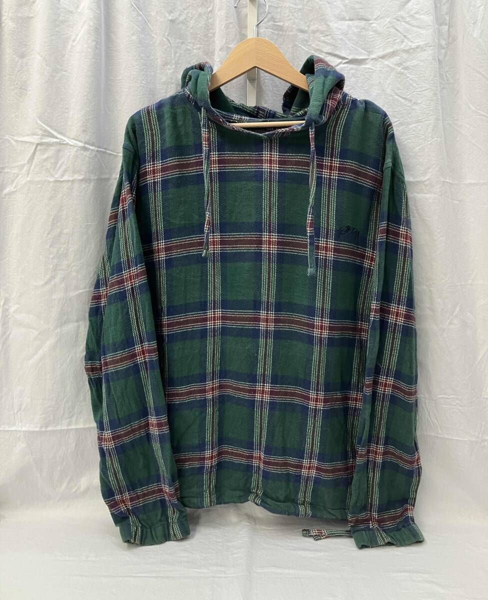 STUSSY Hooded Plaid Poncho ステューシー フーデッド プライド ポンチョ 長袖 フランネル チェック プルオーバー パーカー L グリーン