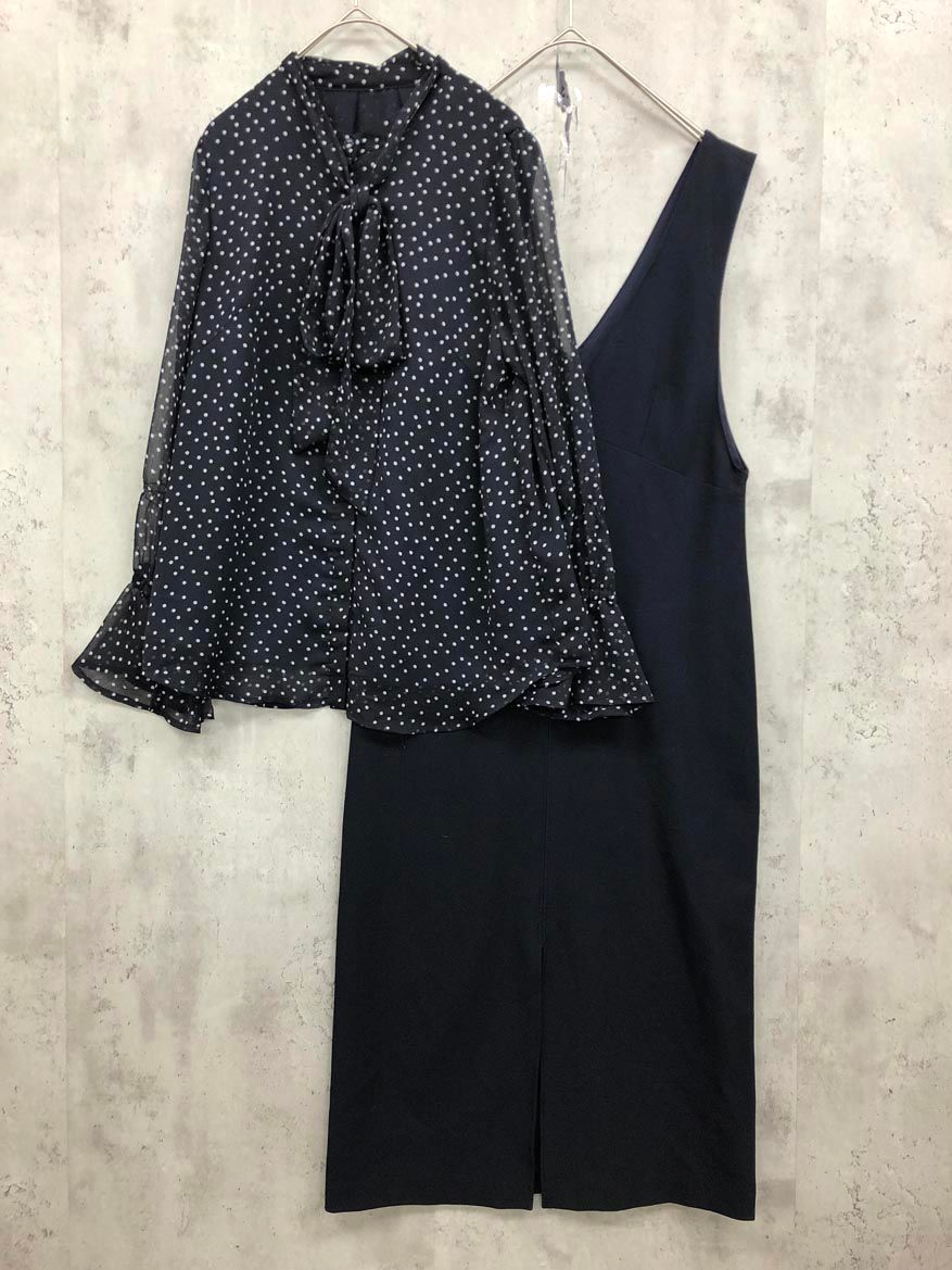 Apuweiser-riche アプワイザーリッシェ セットアップ ボウタイブラウス×ジャンスカ ワンピース size0/ネイビー/ブラック ■■◎レディース