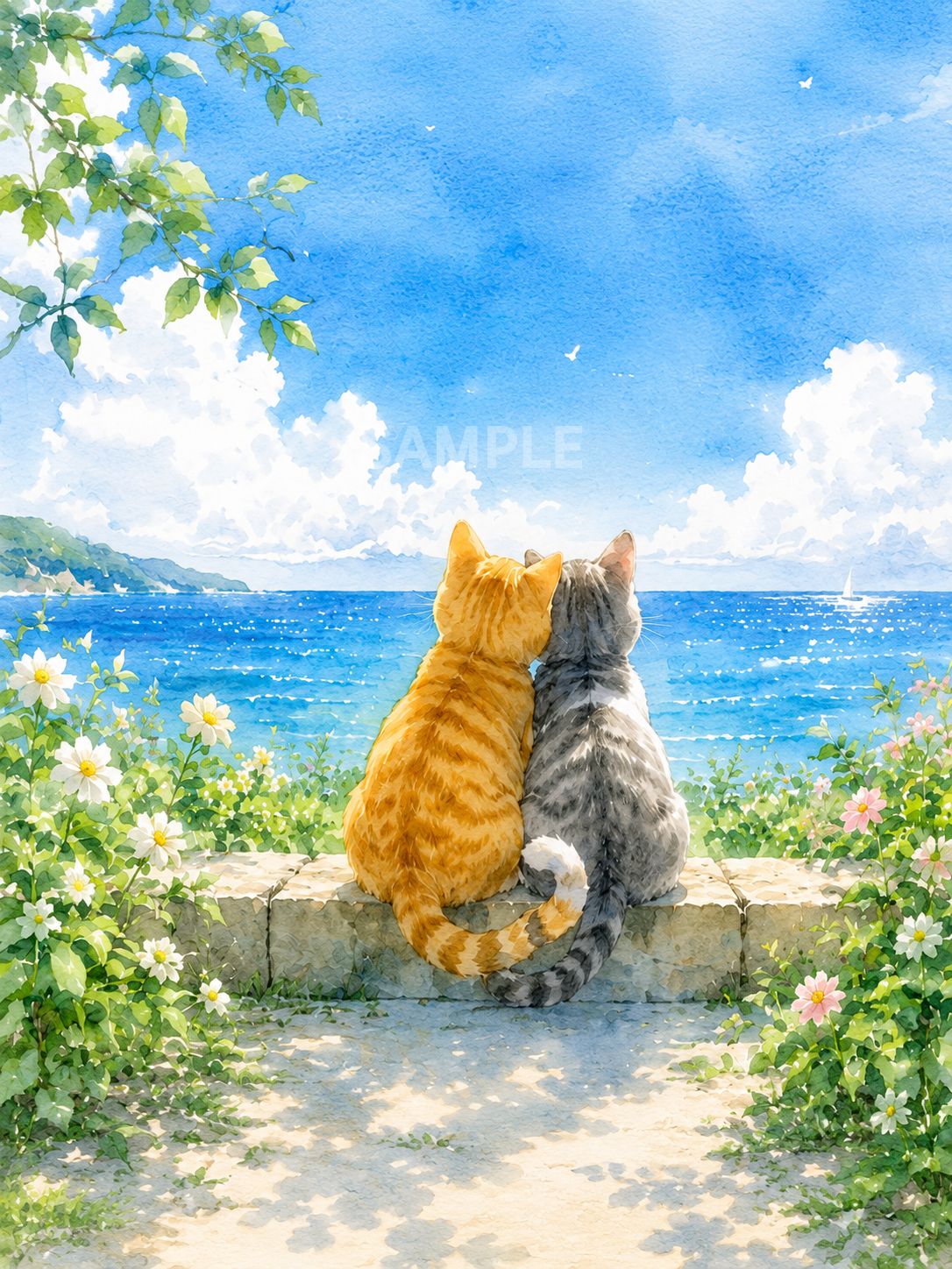 416 仲良し猫2匹のヒーリングアート 夏の海 水彩風イラスト 2Lサイズ