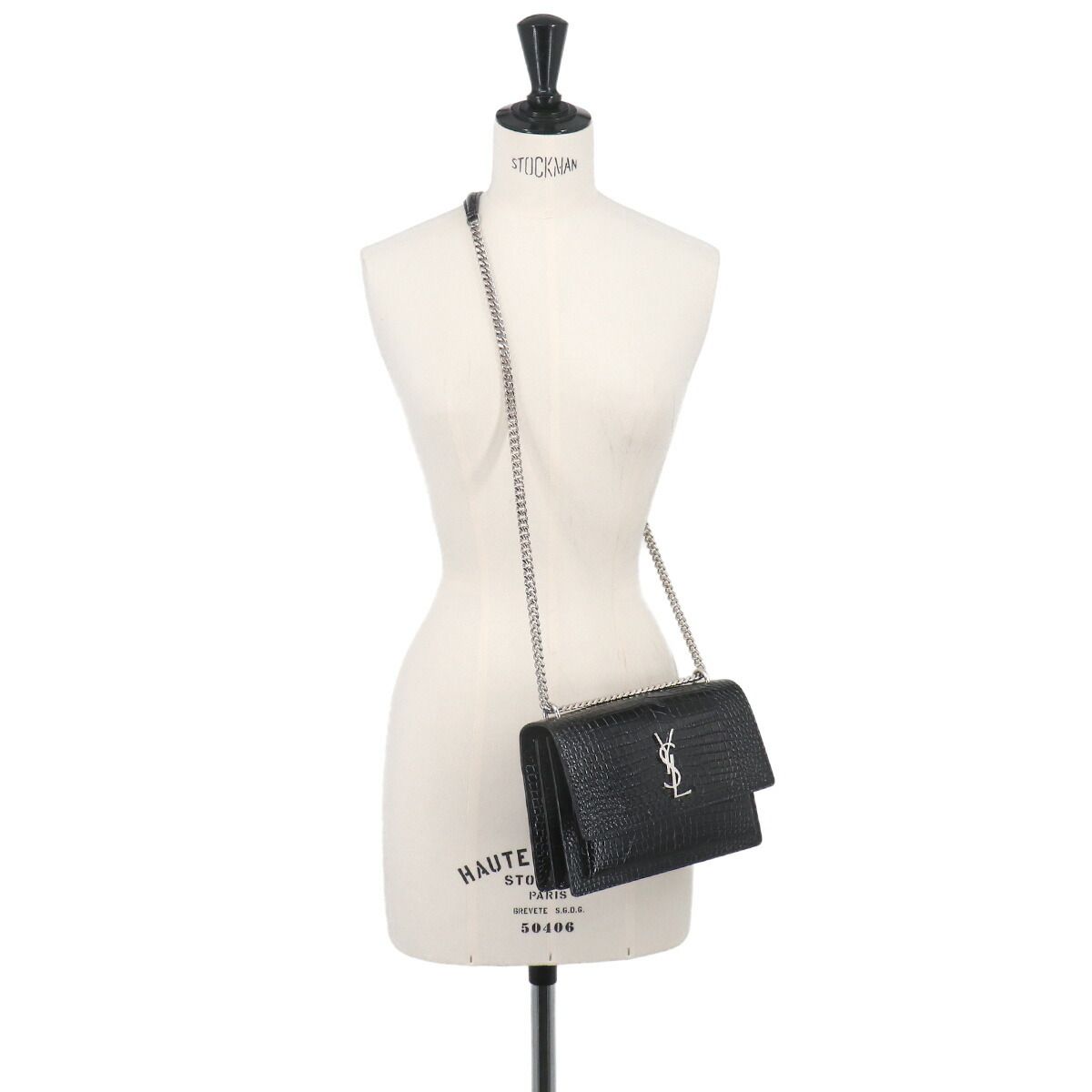 未使用 展示品 サンローラン SAINT LAURENT サンセット ミディアム チェーン ショルダー バッグ クロコ型押し レザー ブラック 90327344