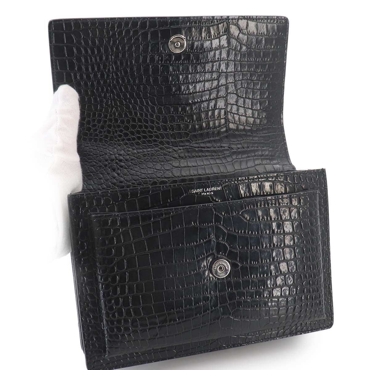 未使用 展示品 サンローラン SAINT LAURENT サンセット ミディアム チェーン ショルダー バッグ クロコ型押し レザー ブラック 90327344