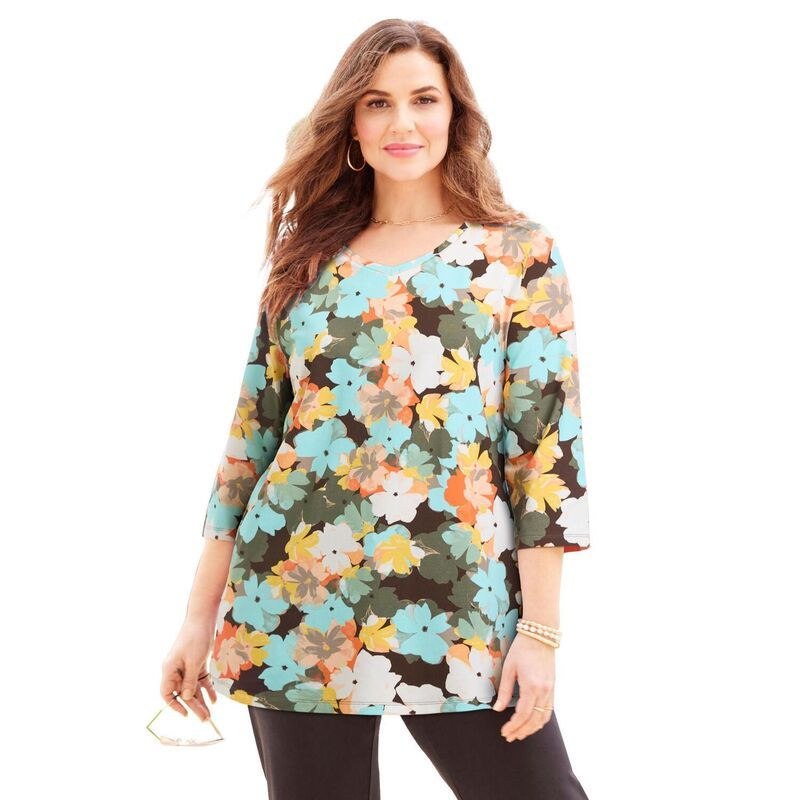キャサリンズ レディース トップス Tシャツ Vネック プラスサイズ Catherines Womens Plusize Suprema 34 Sleeve VNeck Tee Multi Stamp