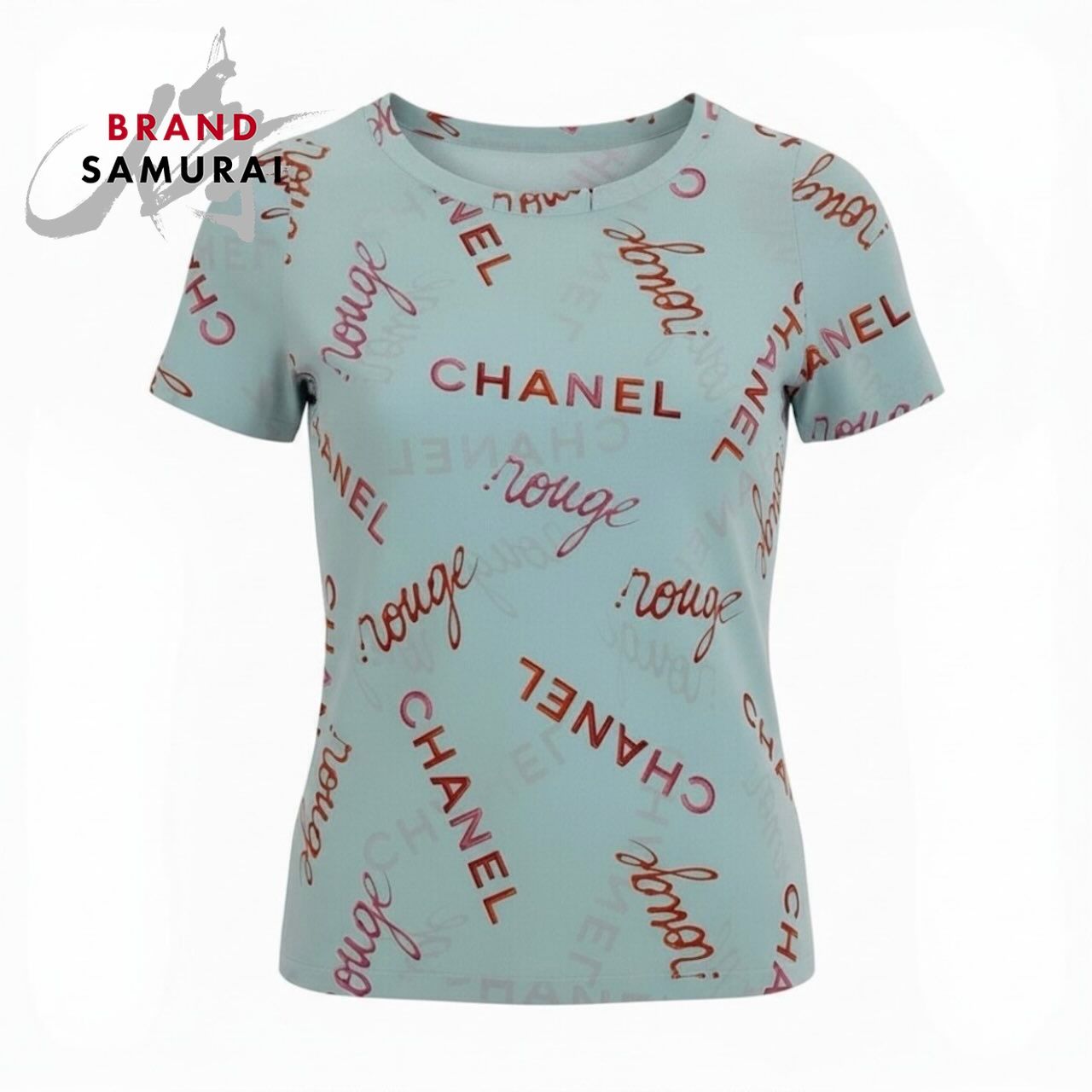 美品 CHANEL シャネル ヴィンテージ 1996年 96P ロゴプリント ブルー シルク P29135 半袖Ｔシャツ レディース A3-00039【中古】