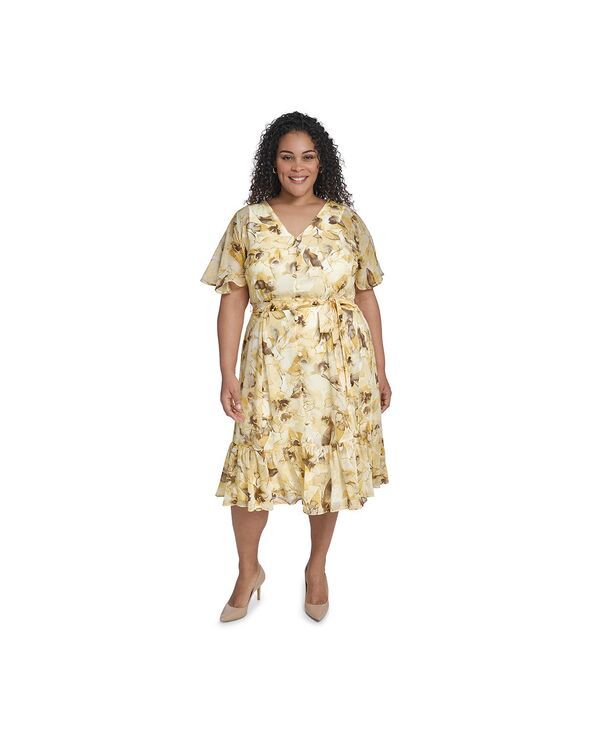 カルバンクライン レディース トップス ワンピース フラワー柄 プリント フラワー Calvin Klein Womens FlutterSleeve Floral Print Dress Dijon
