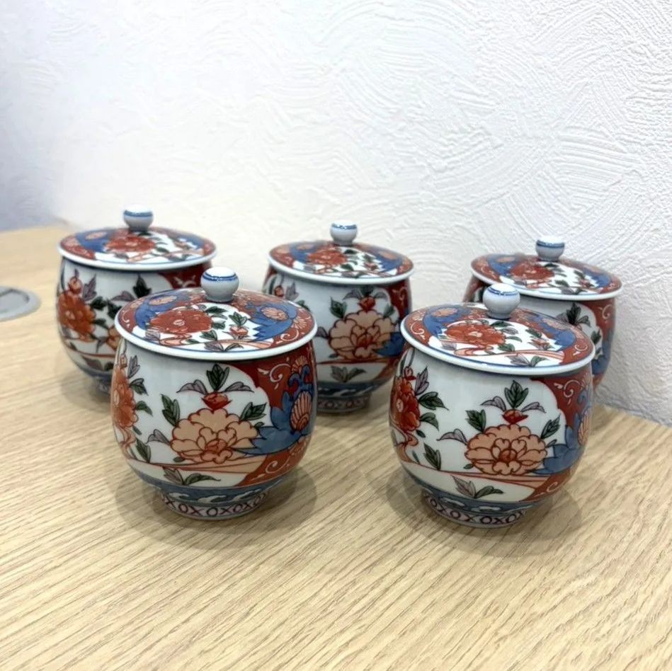 源右衛門 染錦牡丹絵 蓋付湯呑 蒸し椀 5客