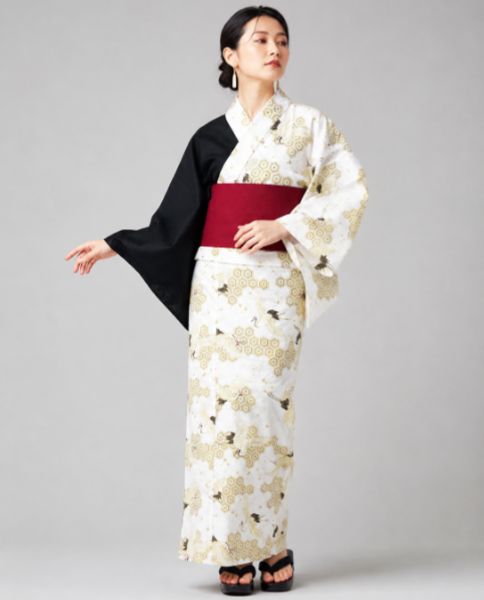 浴衣 単品 仕立て上がり 女性用 日本製 半身仕立て 綿100％ 黒色 丹頂鶴 亀甲紋 お祭り 花火大会 NO43764