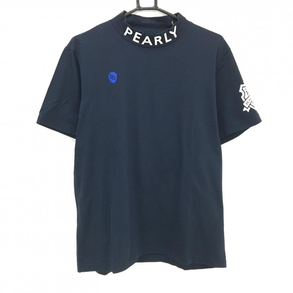 PEARLY GATES ハイネックシャツ M ネイビー パーリーゲイツ 半袖ハイネックシャツ ネイビー×白 ネックロゴ メンズ