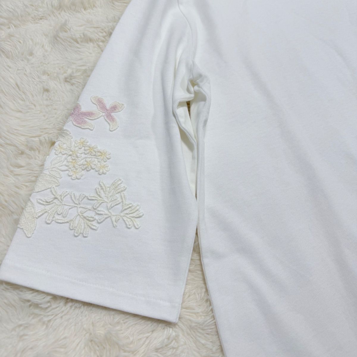 Anlico アンリコ さえら 花柄刺繍 七分袖 カットソー 白 3 L相当 