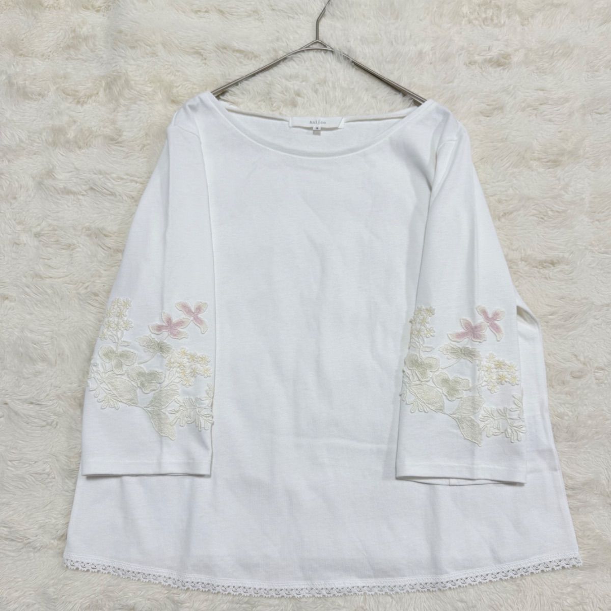 Anlico アンリコ さえら 花柄刺繍 七分袖 カットソー 白 3 L相当 