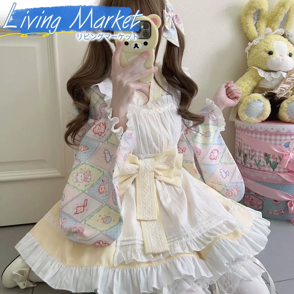 イエロー 和風ロリータ洋装セット Lolita 甘ロリ かわいい 和洋折衷 着物風ワンピース＋トップス＋囲みスカート＋蝶結び 撮影 お茶会 イベント デート向け CS624P321