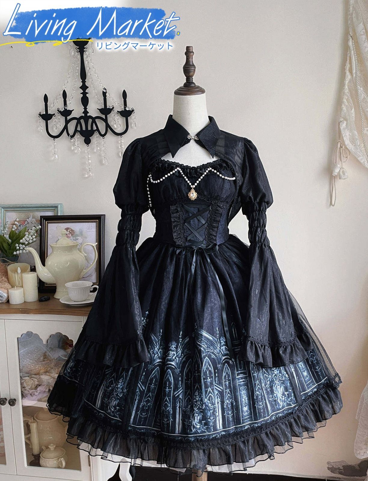 寂夜教堂 Gothic Lolita ゴシックロリータ 地雷系 闇かわいい JSK ワンピース ブラックドレス 病みかわ系 フェアリー系 原宿系 撮影用 衣装 ハロウィン 春夏秋冬対応 CS624P314