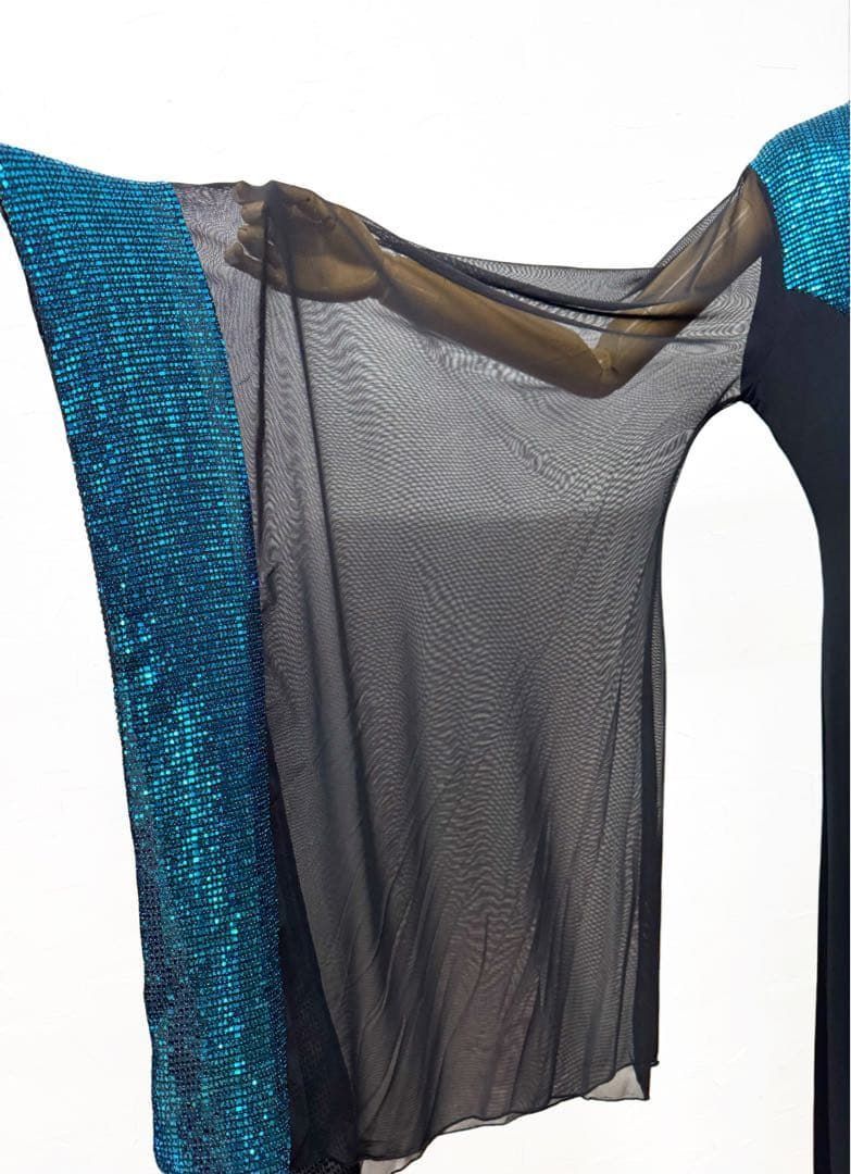 【豪華】新品　社交ダンスドレス ブルーラメ×ブラック カラオケ ステージｍ74 豪華】新品 社交ダンスドレス ブルーラメ×ブラック カラオケ ステージ
