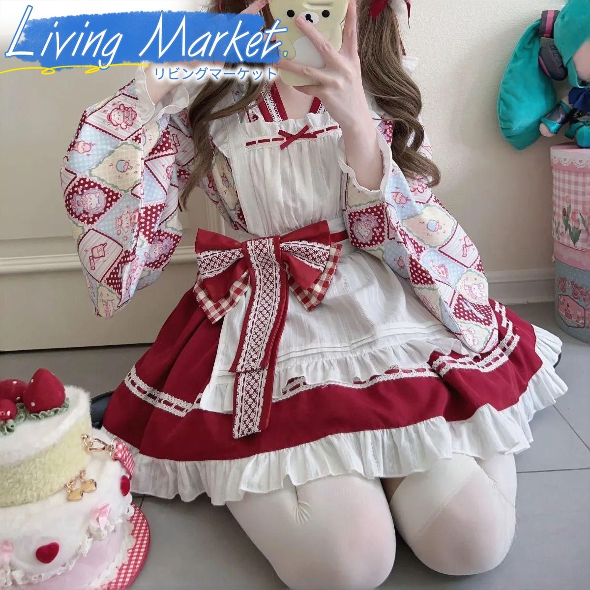 レッド 和風ロリータ洋装セット Lolita 甘ロリ かわいい 和洋折衷 着物風ワンピース＋トップス＋囲みスカート＋蝶結び 撮影 お茶会 イベント デート向け CS624P319