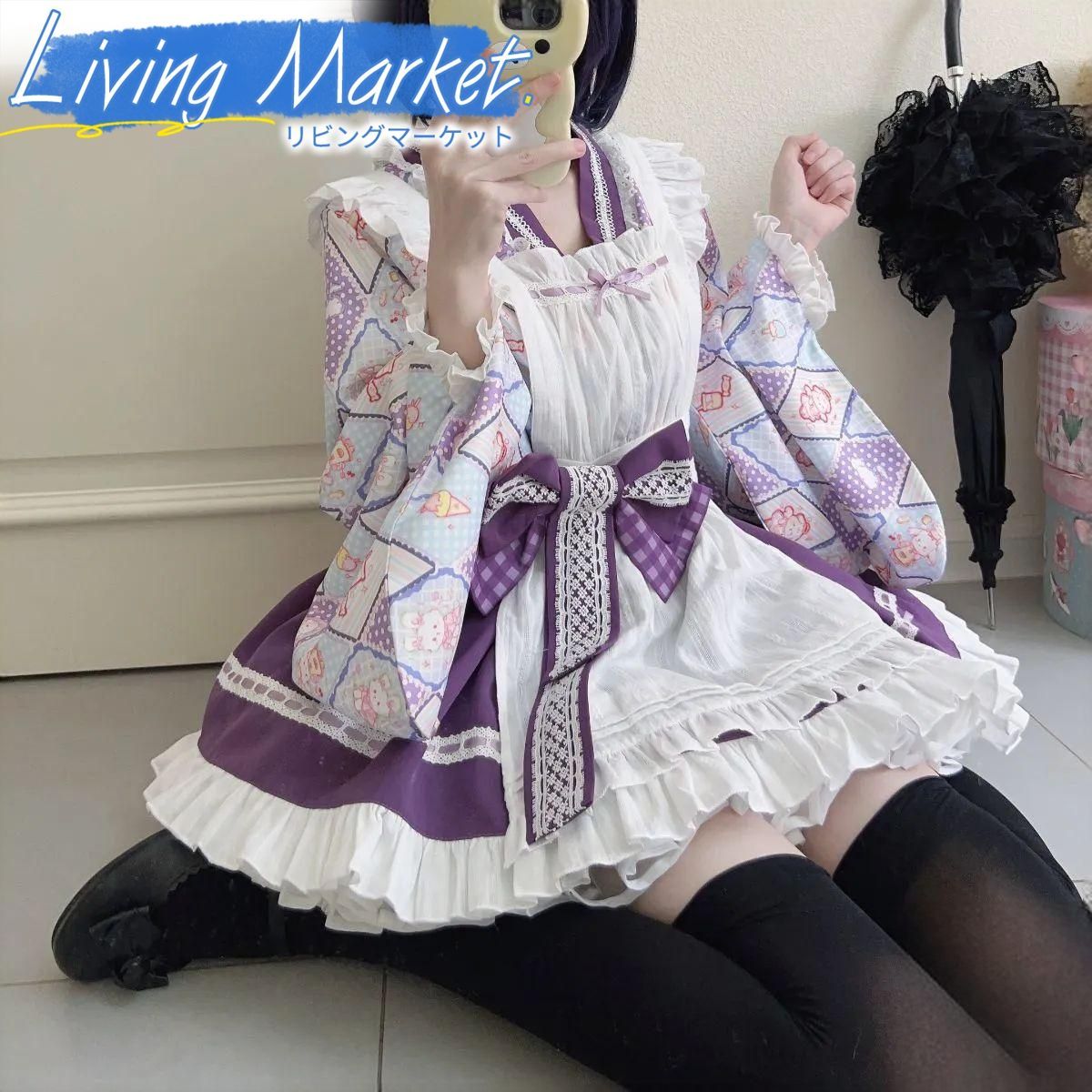 パープル 和風ロリータ洋装セット Lolita 甘ロリ かわいい 和洋折衷 着物風ワンピース＋トップス＋囲みスカート＋蝶結び 撮影 お茶会 イベント デート向け CS624P315
