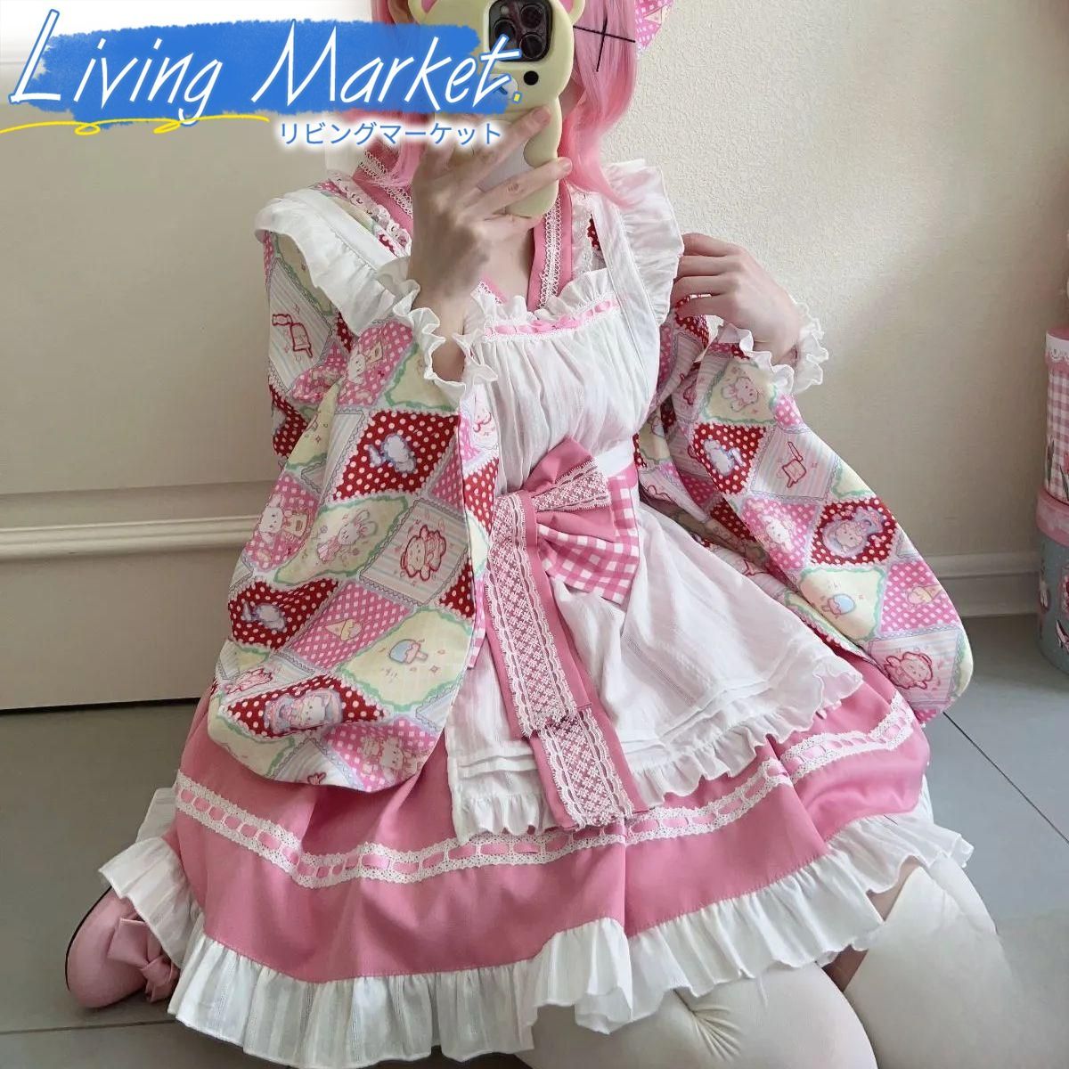 ピンク 和風ロリータ洋装セット Lolita 甘ロリ かわいい 和洋折衷 着物風ワンピース＋トップス＋囲みスカート＋蝶結び 撮影 お茶会 イベント デート向け CS624P320